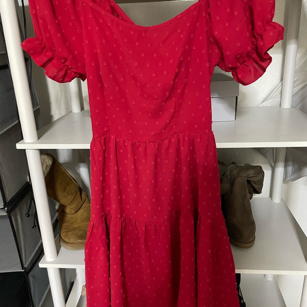 Backless Red Ruffled Tiered Sundress with Puff Sleeves
